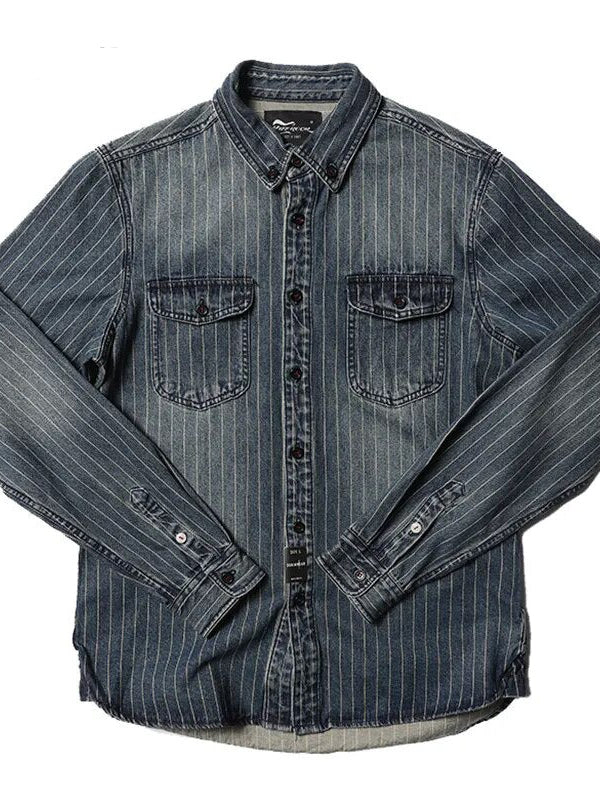 2023 Innovative Denim New Arrival Stripe Denim Full Turn-down Collar Open Stitch Striped Men Casual Shirts