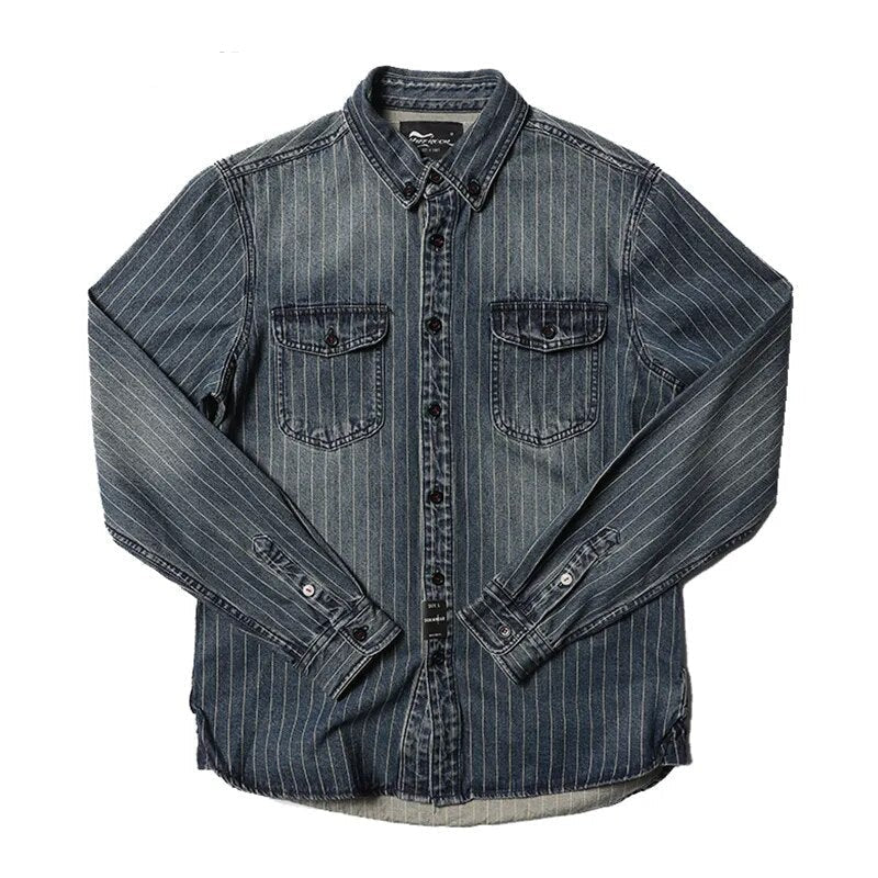 2023 Innovative Denim New Arrival Stripe Denim Full Turn-down Collar Open Stitch Striped Men Casual Shirts