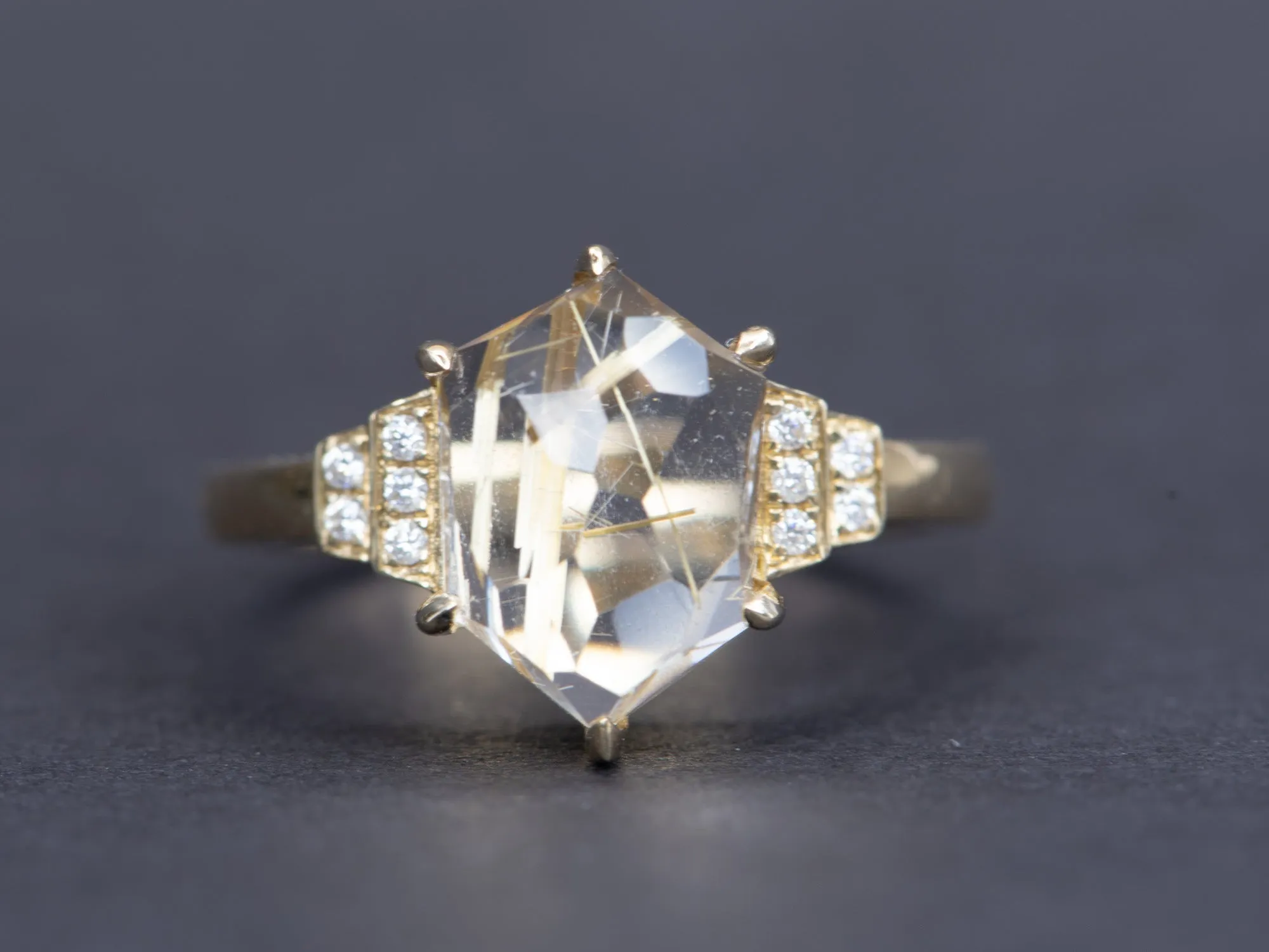 3.91ct Hexagon Golden Rutile Quartz with Moissanite Sides 9K Yellow Gold Ring R6357