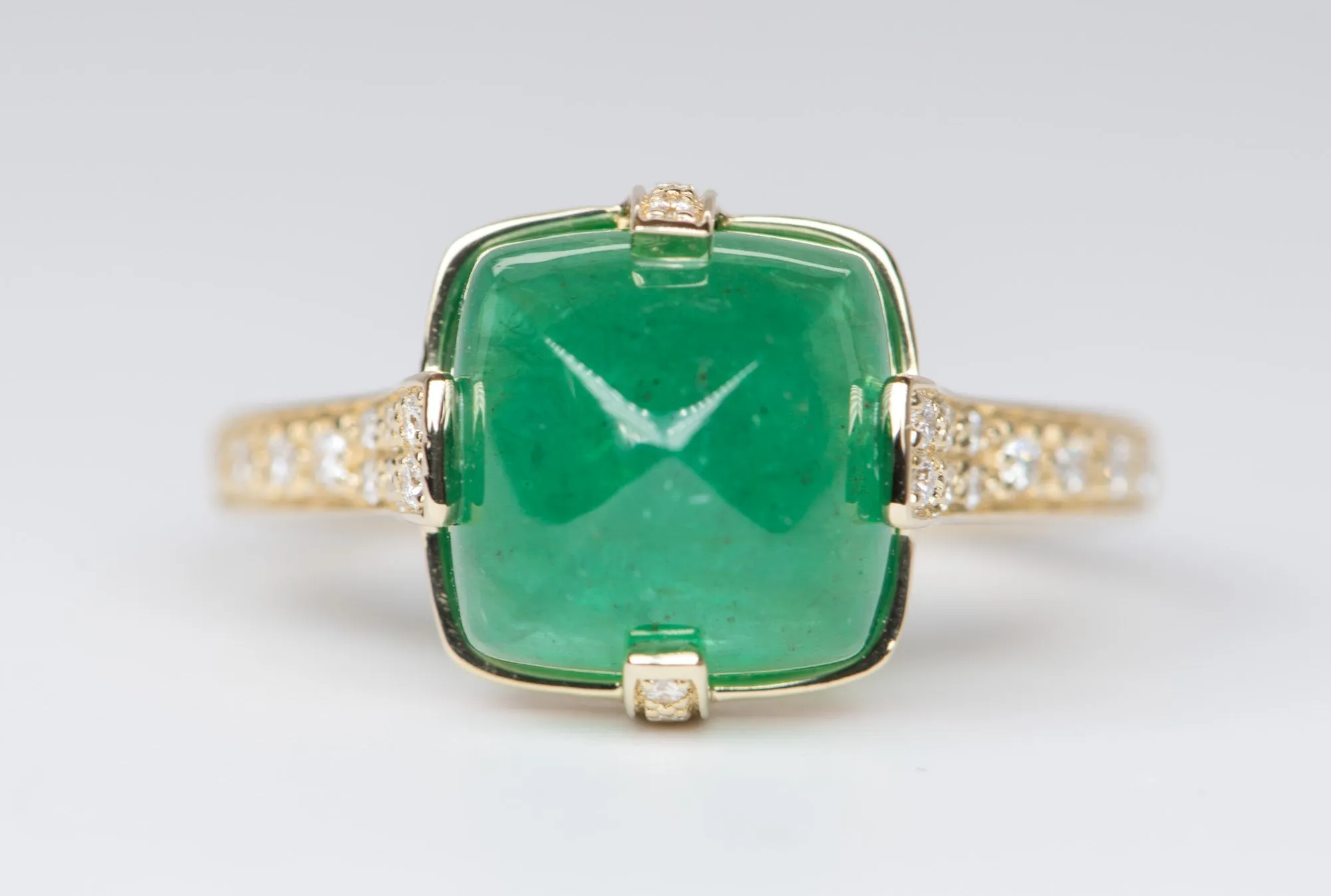 5.24ct Sugarloaf Emerald with Diamond Prongs Pave Band 14K Yellow Gold Statement Ring R6196