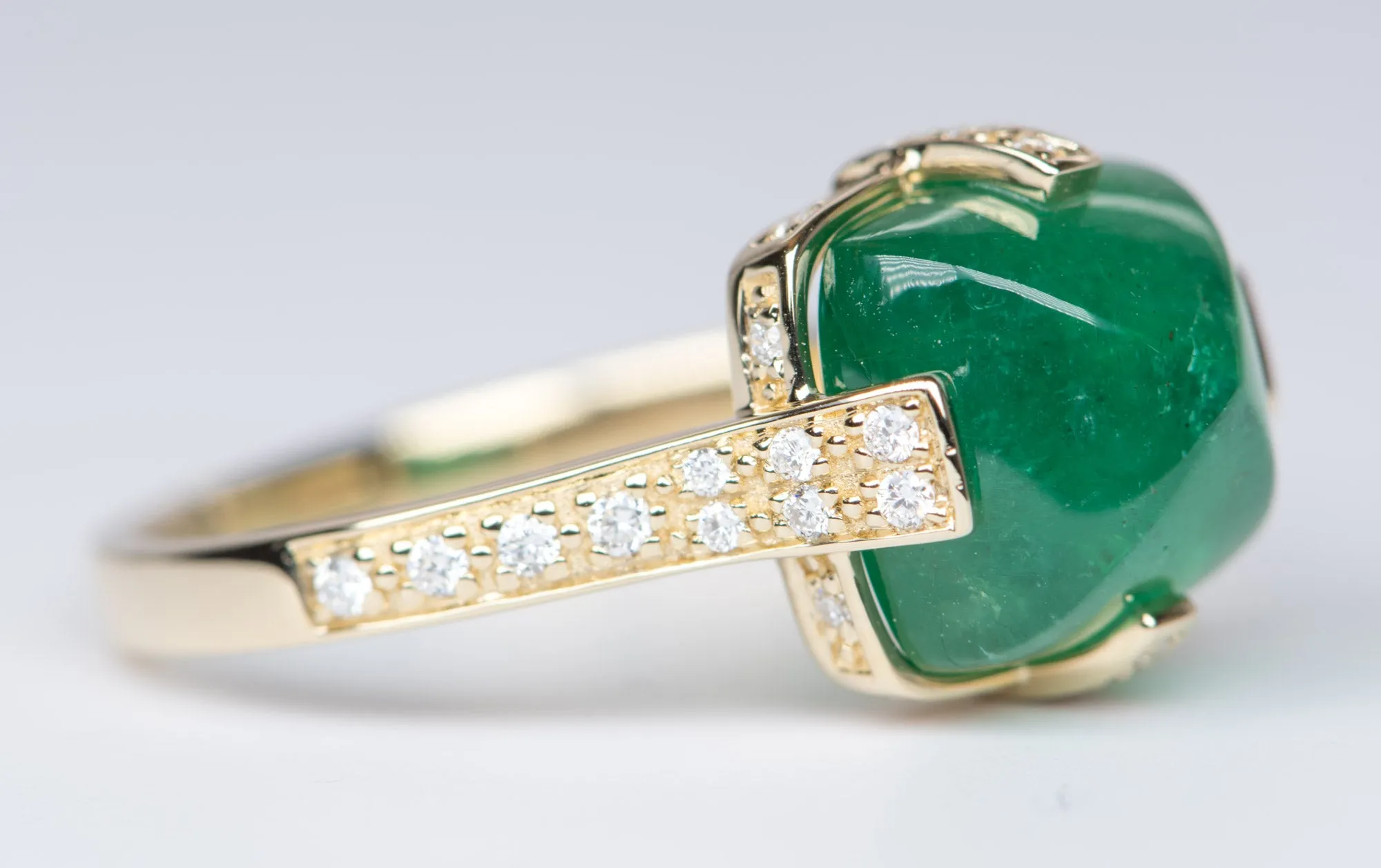 5.24ct Sugarloaf Emerald with Diamond Prongs Pave Band 14K Yellow Gold Statement Ring R6196