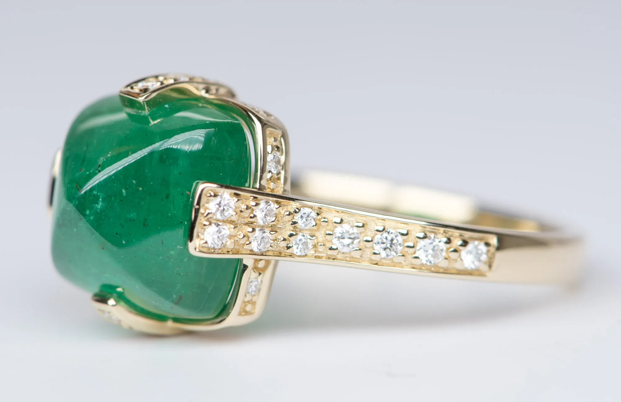 5.24ct Sugarloaf Emerald with Diamond Prongs Pave Band 14K Yellow Gold Statement Ring R6196