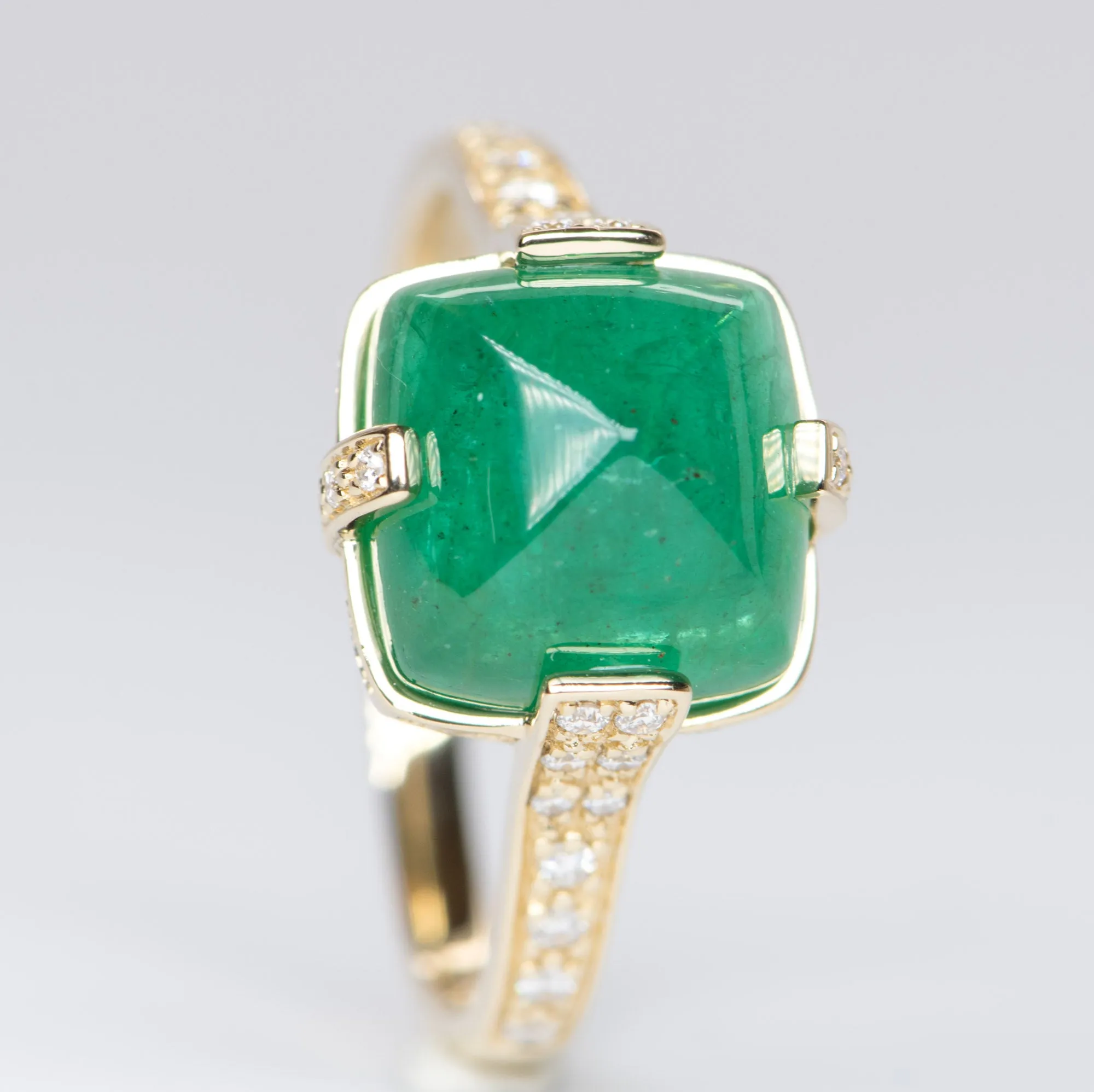 5.24ct Sugarloaf Emerald with Diamond Prongs Pave Band 14K Yellow Gold Statement Ring R6196