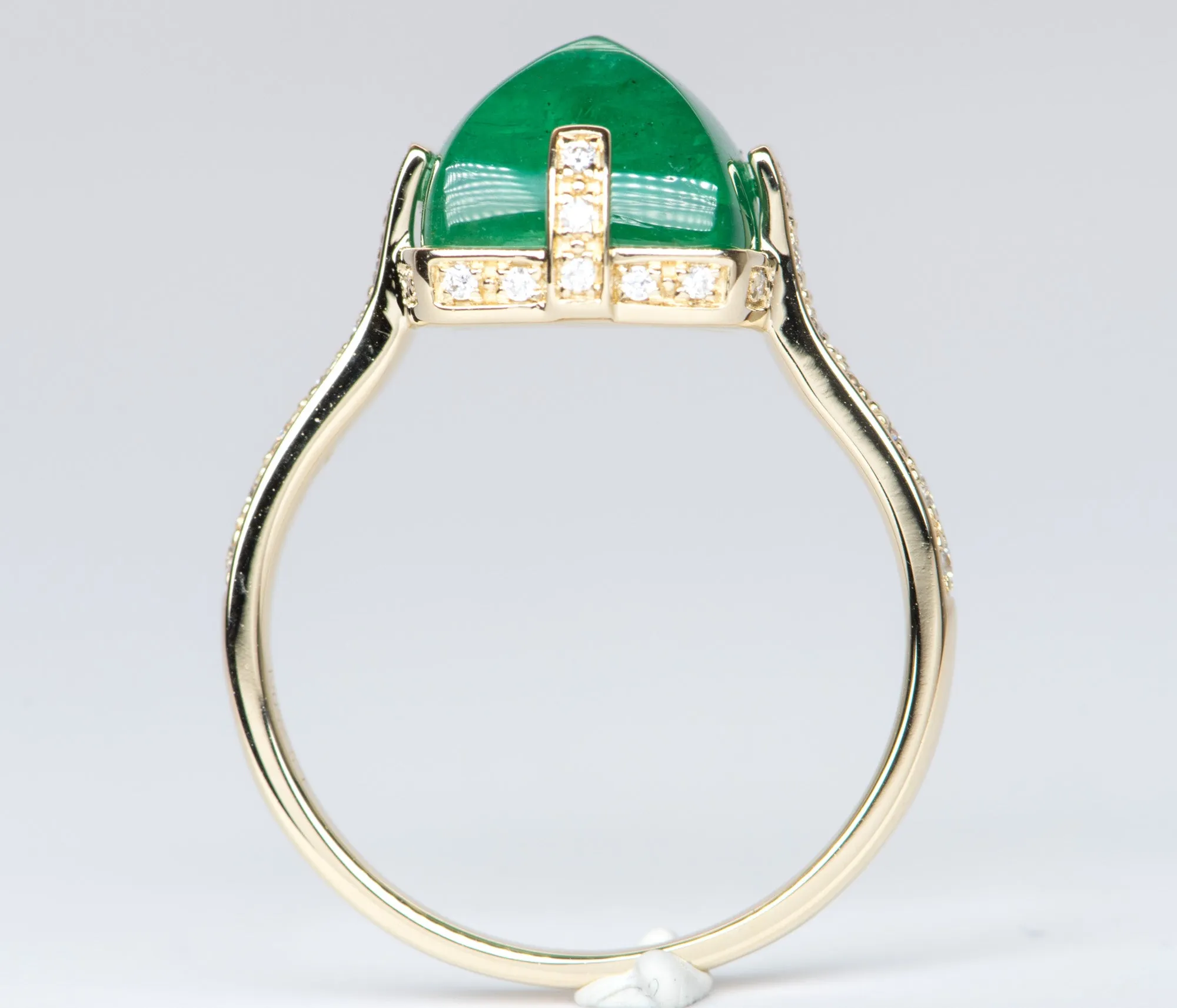 5.24ct Sugarloaf Emerald with Diamond Prongs Pave Band 14K Yellow Gold Statement Ring R6196