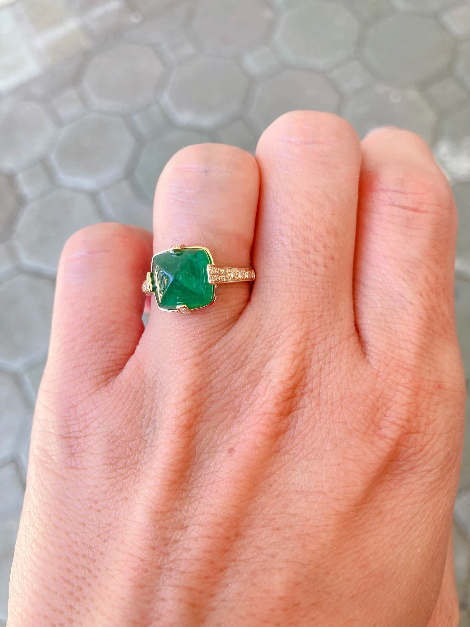 5.24ct Sugarloaf Emerald with Diamond Prongs Pave Band 14K Yellow Gold Statement Ring R6196