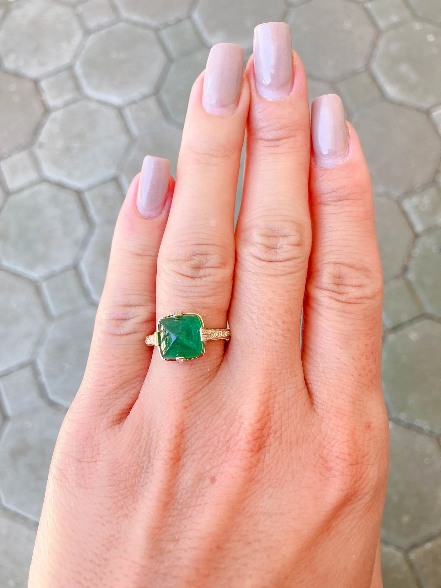 5.24ct Sugarloaf Emerald with Diamond Prongs Pave Band 14K Yellow Gold Statement Ring R6196