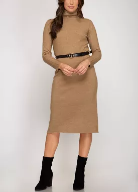 Belted Long sleeves Turtle neck knit sweater dress