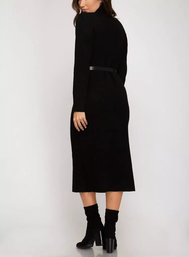 Belted Long sleeves Turtle neck knit sweater dress