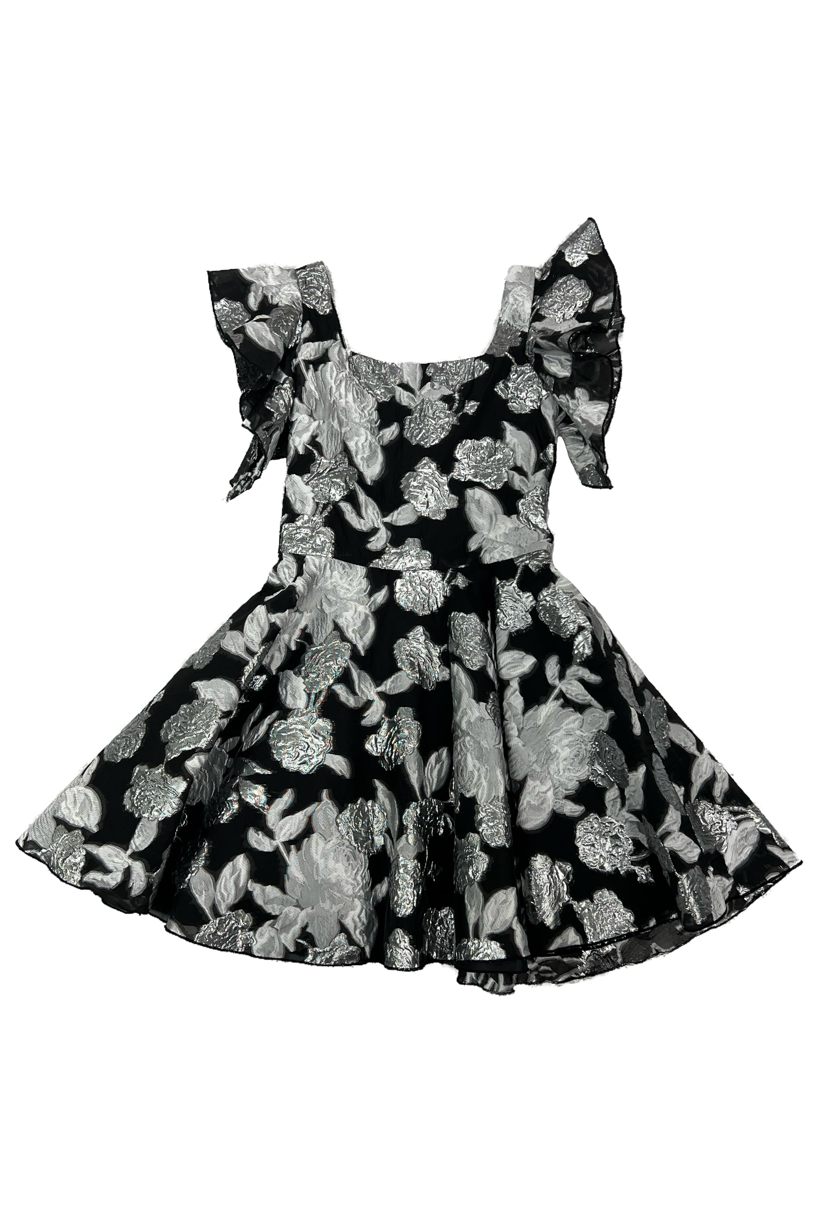 Black and silver floral ruffle sleeve dress