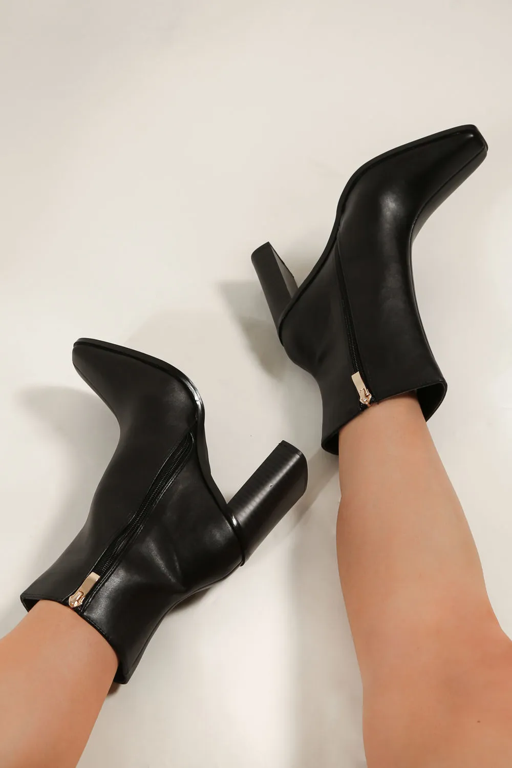 Black Faux Leather Ankle Boots with Heels