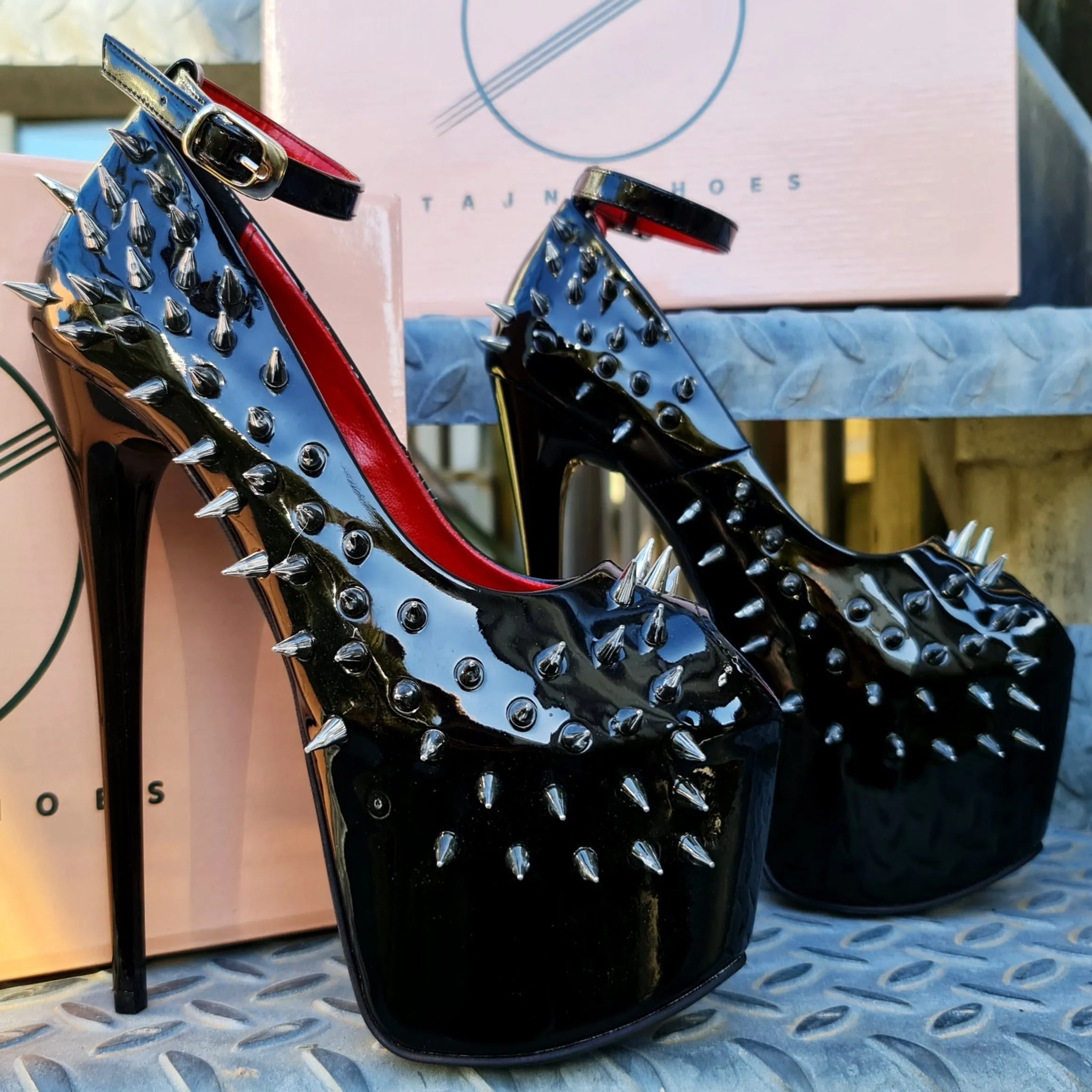 Black  Gloss Spike Studded Ankle Strap Heels