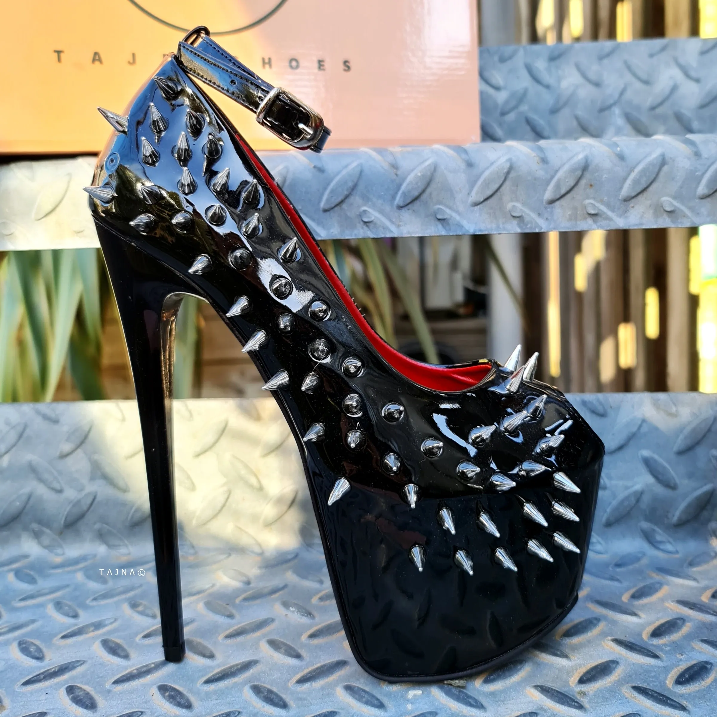 Black  Gloss Spike Studded Ankle Strap Heels