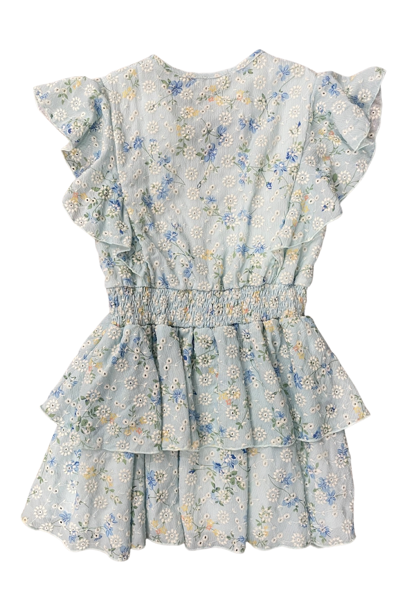 Blue Floral Eyelet Flutter Sleeve Dress