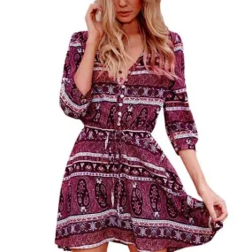 Boho Floral Print Deep V Neck Dresses Women Half Sleeve Short Mini Dress Ladies Beach Dress vestido de verano #420 SM6