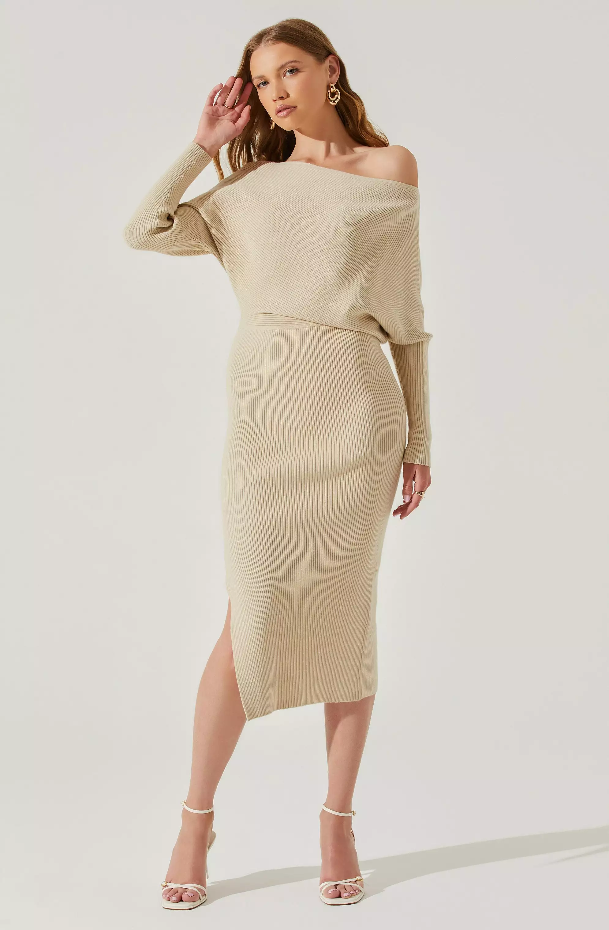 Caris Ribbed Off Shoulder Midi Sweater Dress