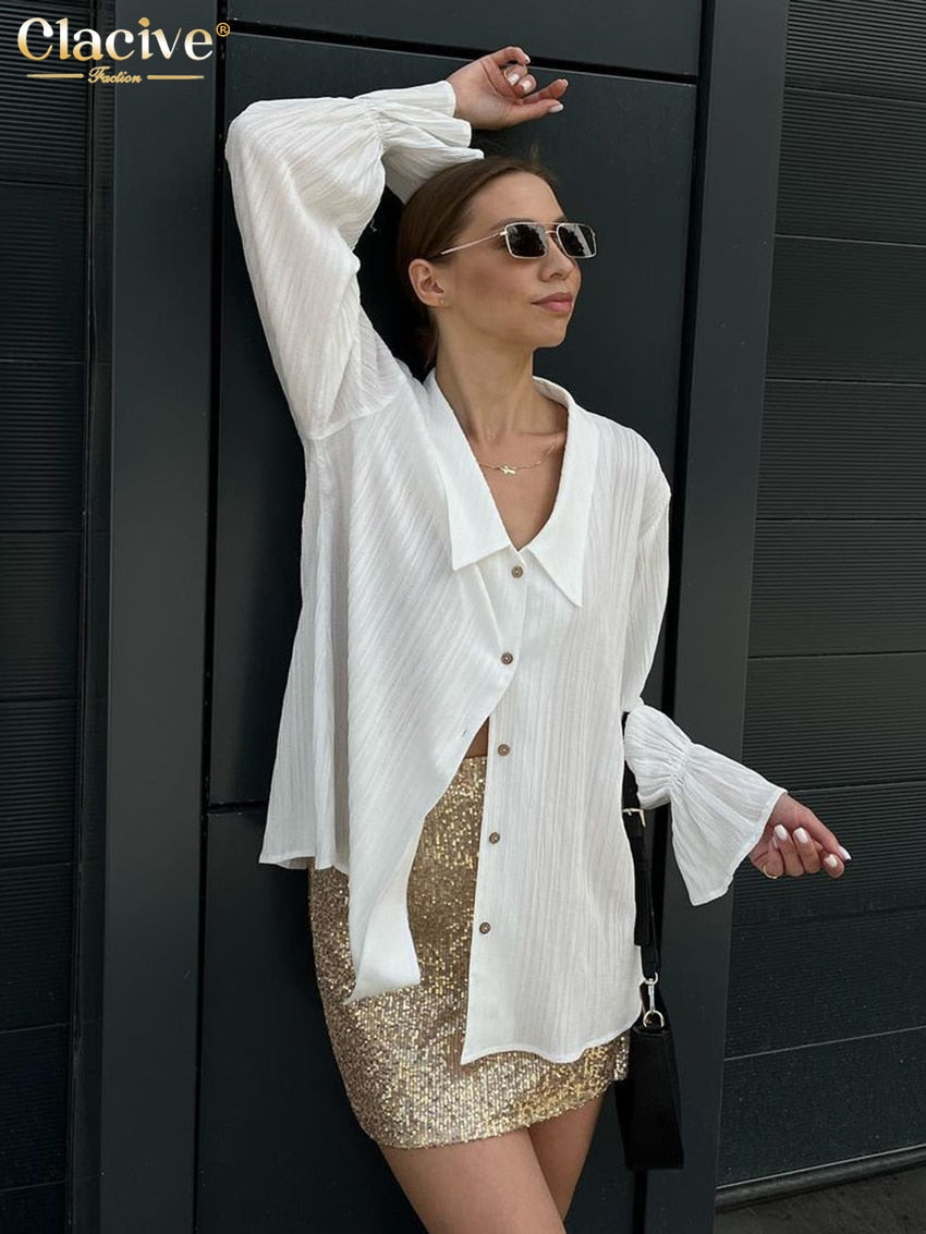 Casual Loose White Shirts For Women 2023 Fashion Lapel Long Sleeve Blouses Elegant Classic Solid Top Female Clothing