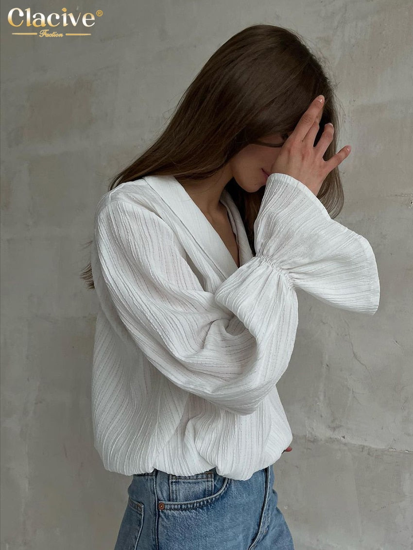 Casual Loose White Shirts For Women 2023 Fashion Lapel Long Sleeve Blouses Elegant Classic Solid Top Female Clothing