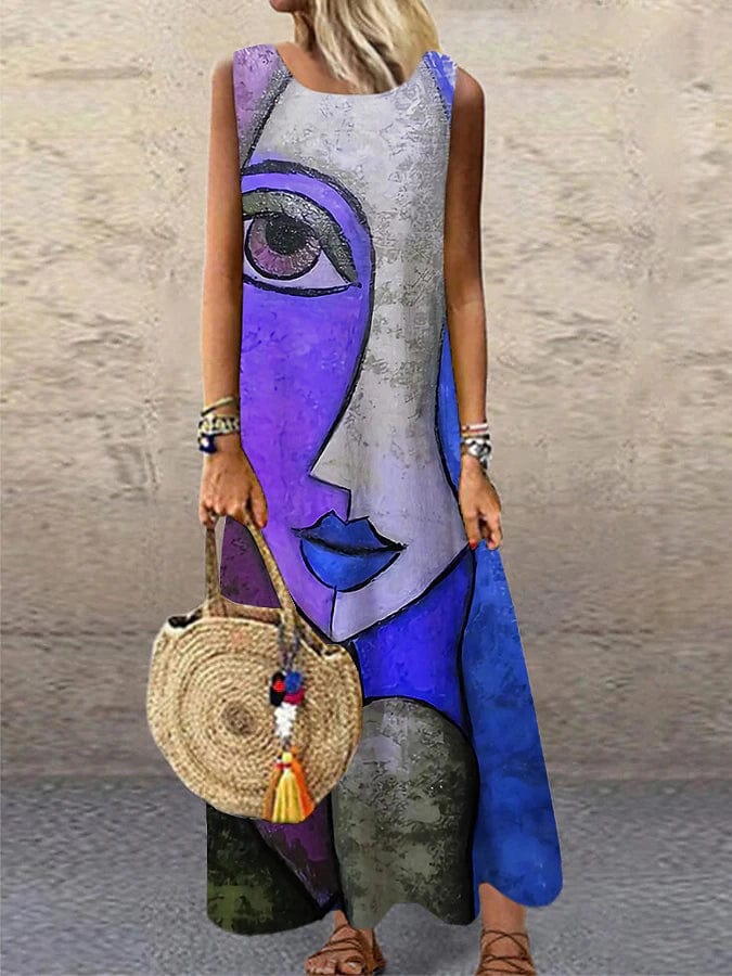 Casual Sleeveless Color Block Maxi Dress with Jacquard Design