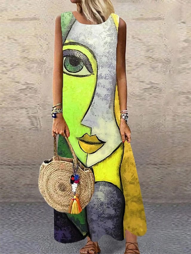 Casual Sleeveless Color Block Maxi Dress with Jacquard Design