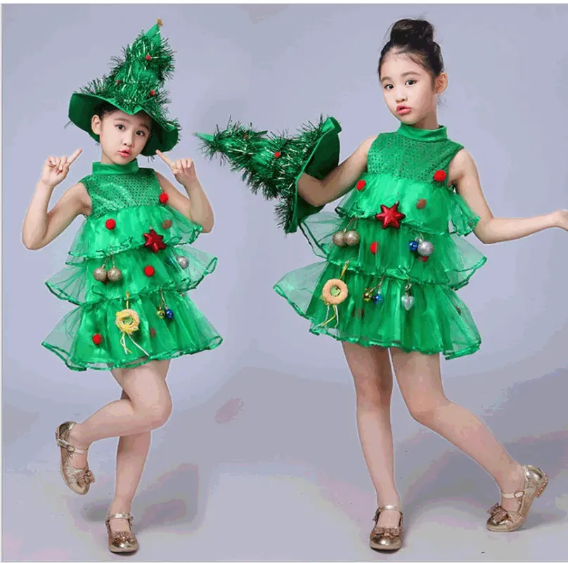 Christmas Kids Birthday Party Green Forest Sprite Mesh Tutu Dresses Halloween Princess Cosplay Costum Tree