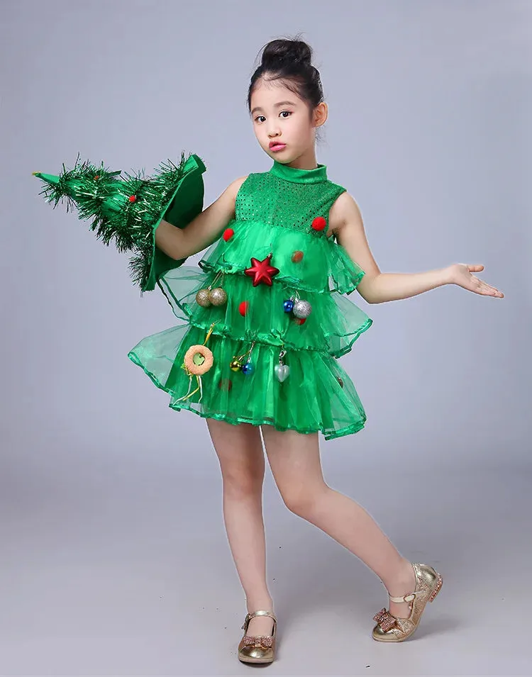 Christmas Kids Birthday Party Green Forest Sprite Mesh Tutu Dresses Halloween Princess Cosplay Costum Tree