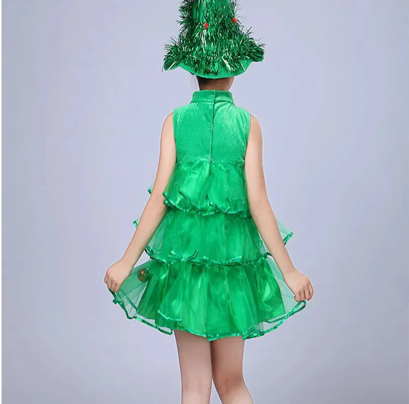 Christmas Kids Birthday Party Green Forest Sprite Mesh Tutu Dresses Halloween Princess Cosplay Costum Tree