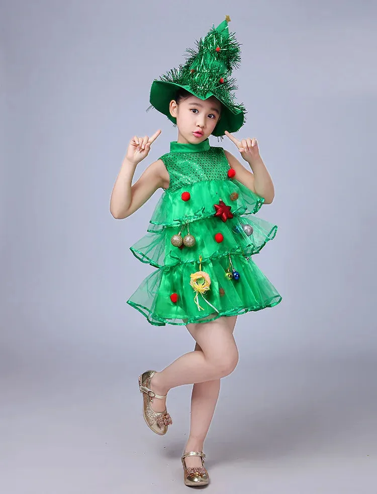 Christmas Kids Birthday Party Green Forest Sprite Mesh Tutu Dresses Halloween Princess Cosplay Costum Tree