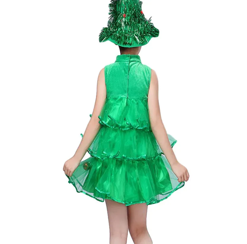 Christmas Kids Birthday Party Green Forest Sprite Mesh Tutu Dresses Halloween Princess Cosplay Costum Tree