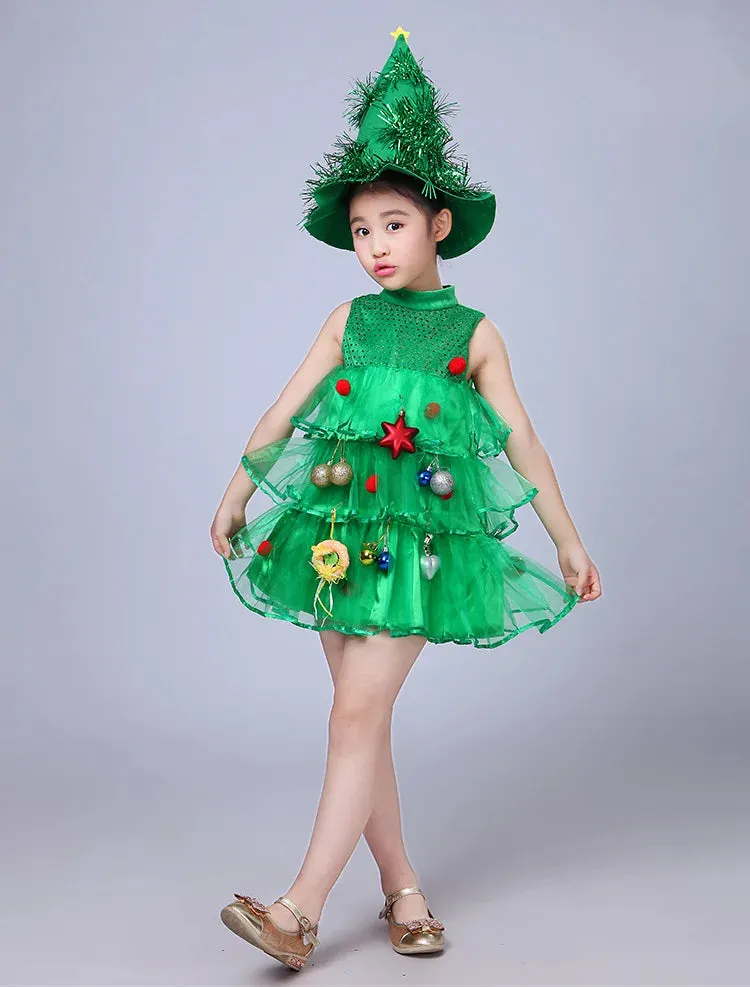 Christmas Kids Birthday Party Green Forest Sprite Mesh Tutu Dresses Halloween Princess Cosplay Costum Tree