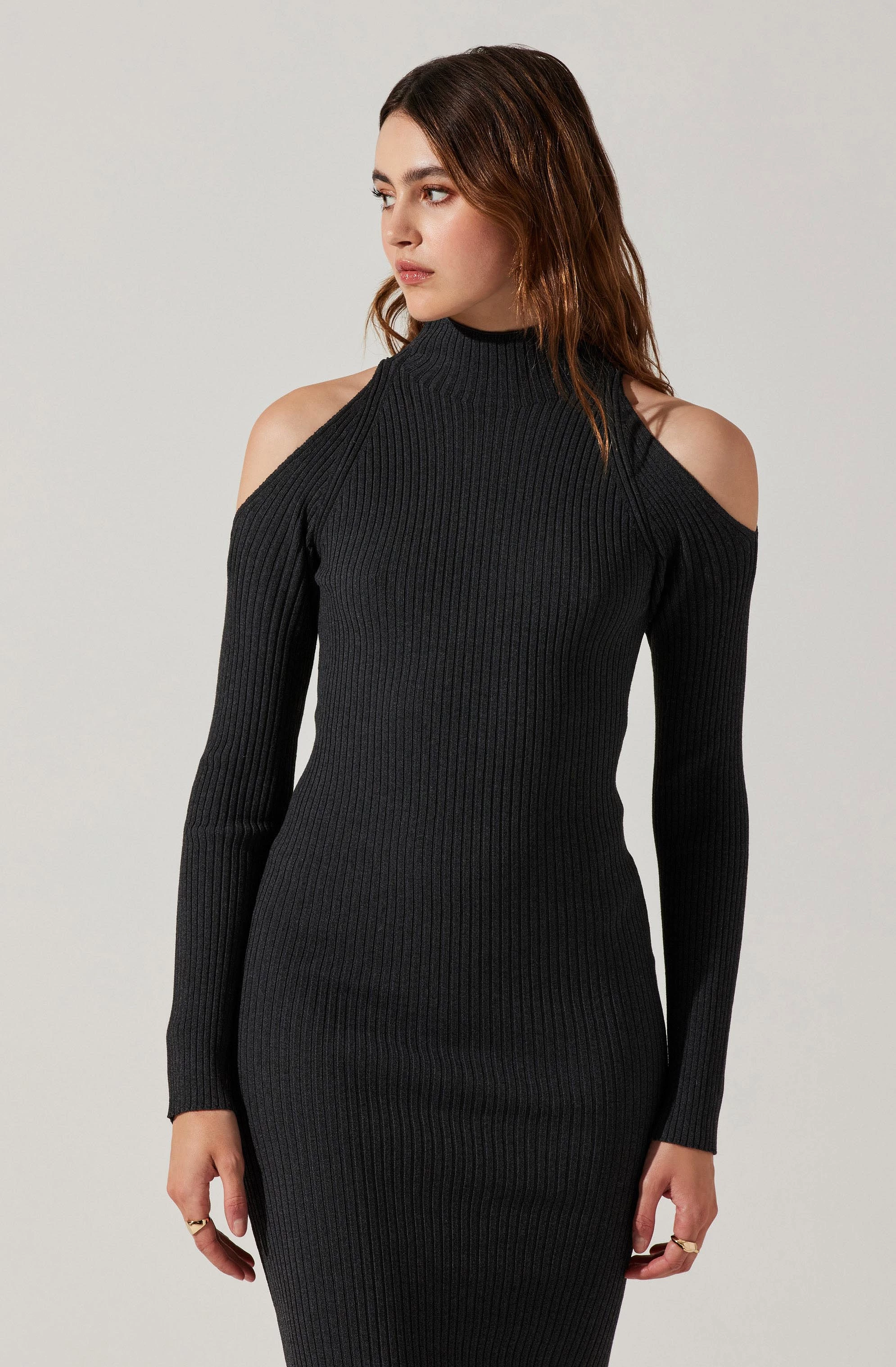 Cold Shoulder Mock Neck Midi Sweater Dress