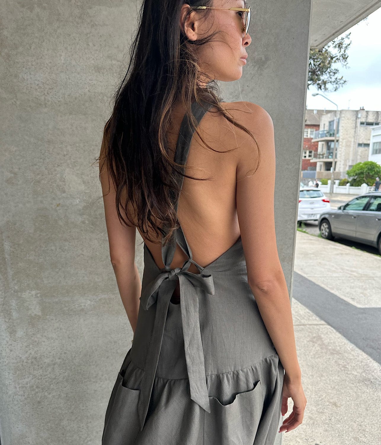 CROSS BACK DRESS- KHAKI