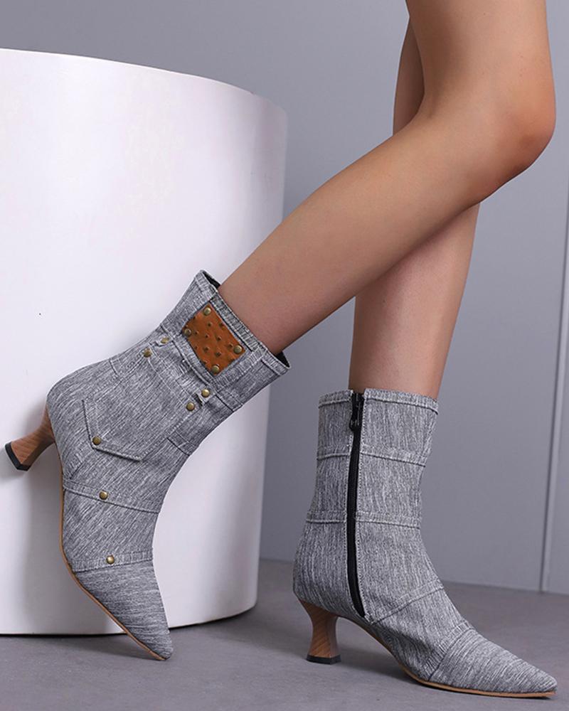 Denim Rivet Zipper Ankle Boots