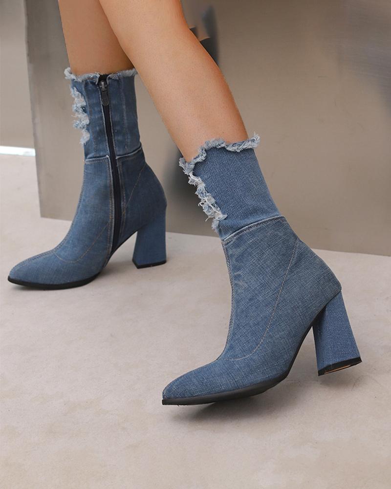 Denim Zipper Ankle Boots