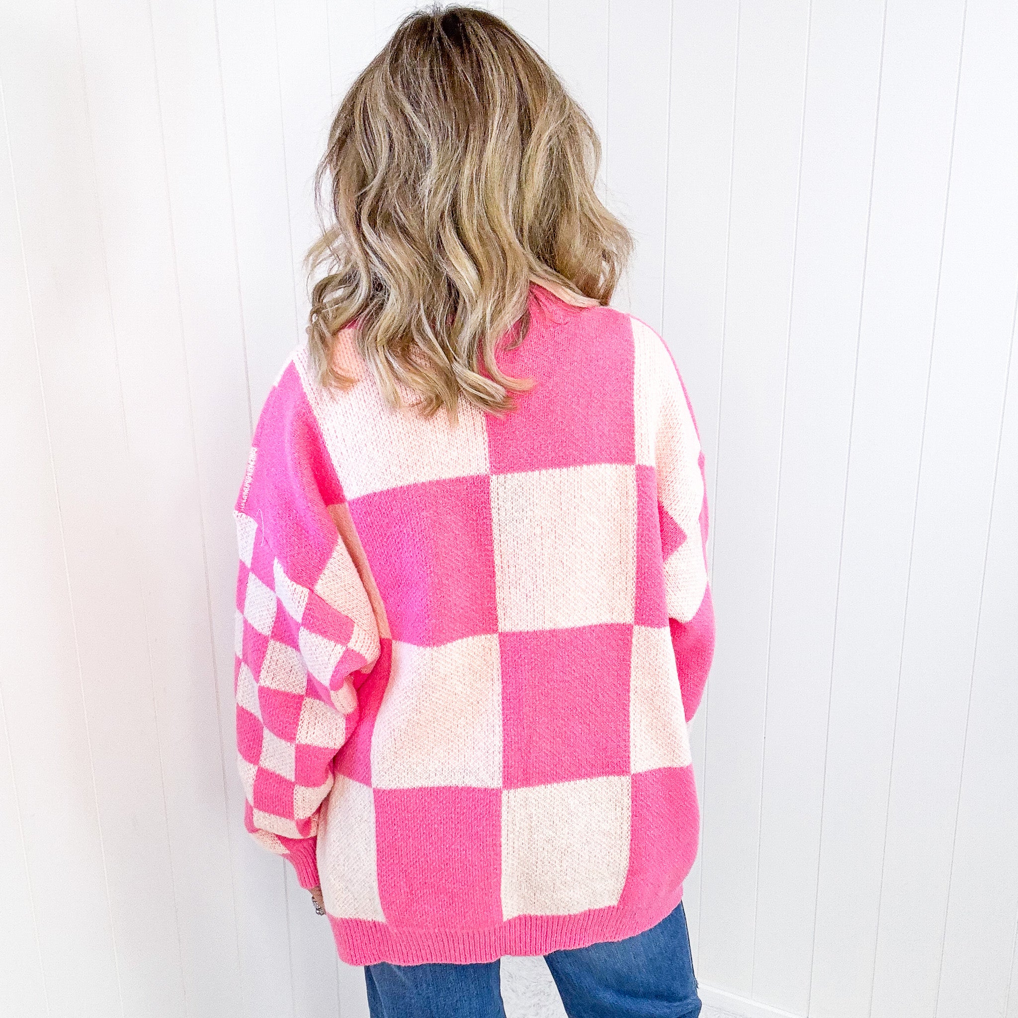 Don't Stop Me Now Oversized Pink Checkered Cardigan