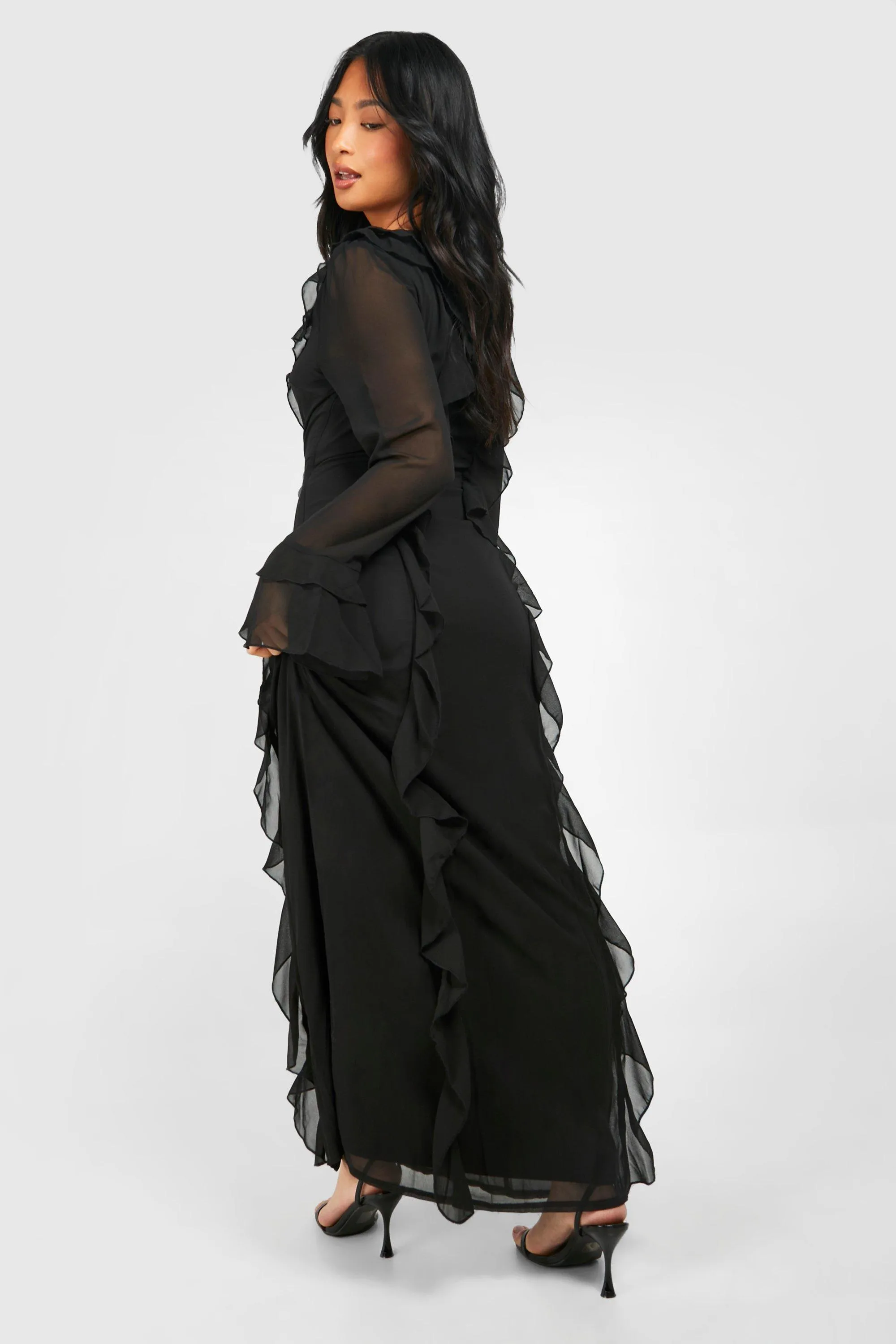 Dresses | Petite Plunge Ruffle Flare Sleeve Woven  Maxi Dress | boohoo