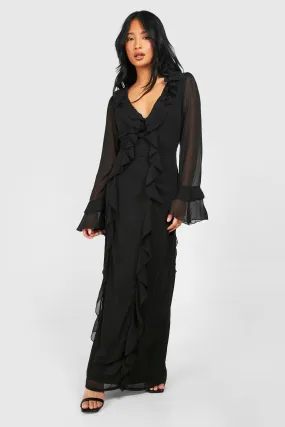 Dresses | Petite Plunge Ruffle Flare Sleeve Woven  Maxi Dress | boohoo