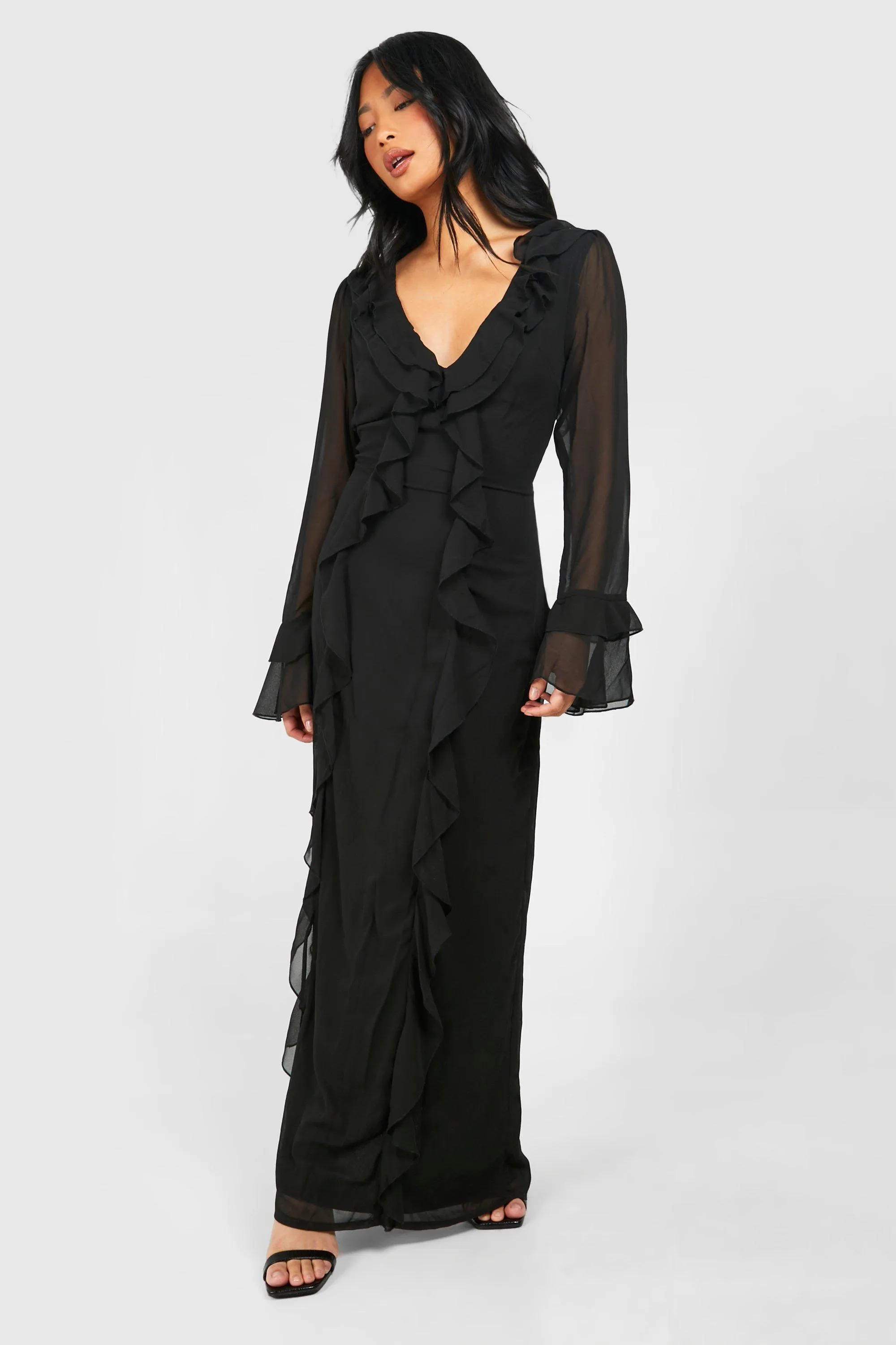 Dresses | Petite Plunge Ruffle Flare Sleeve Woven  Maxi Dress | boohoo