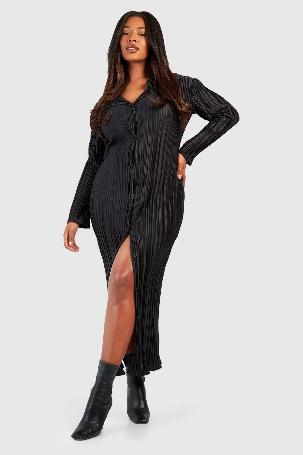 Dresses | Plus Wide Plisse Midaxi Shirt Dress | boohoo