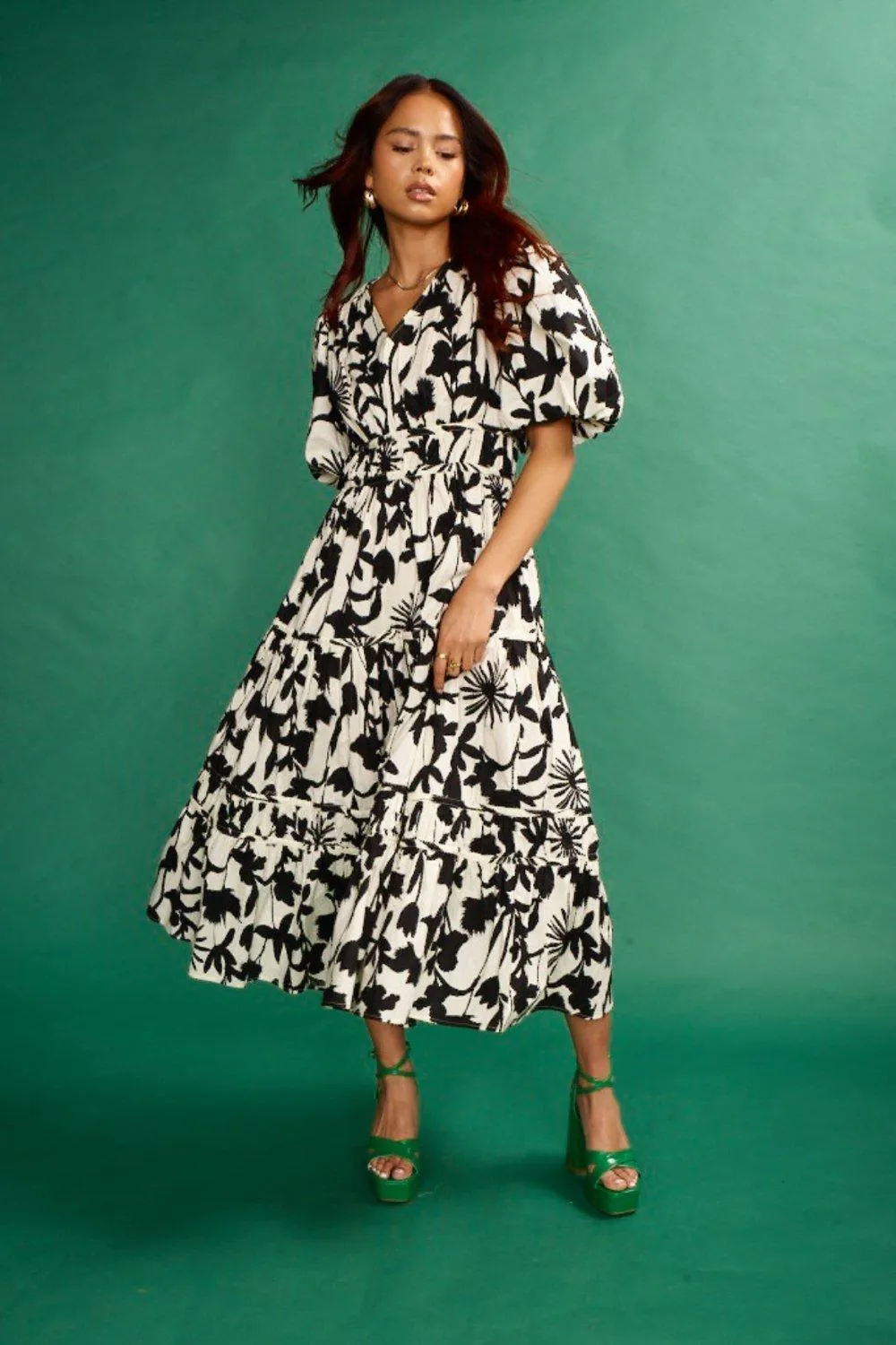 Dresses | Printed Midi Dress With Puff Sleeves In Mono | ANOTHER SUNDAY