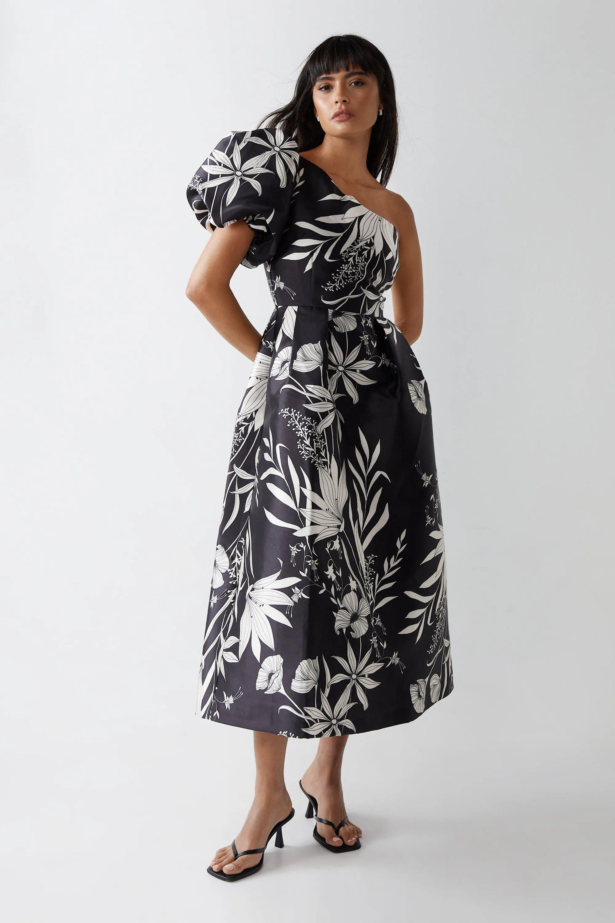 Dresses | Satin Twill Printed Puff Sleeve Midi Dress | Warehouse