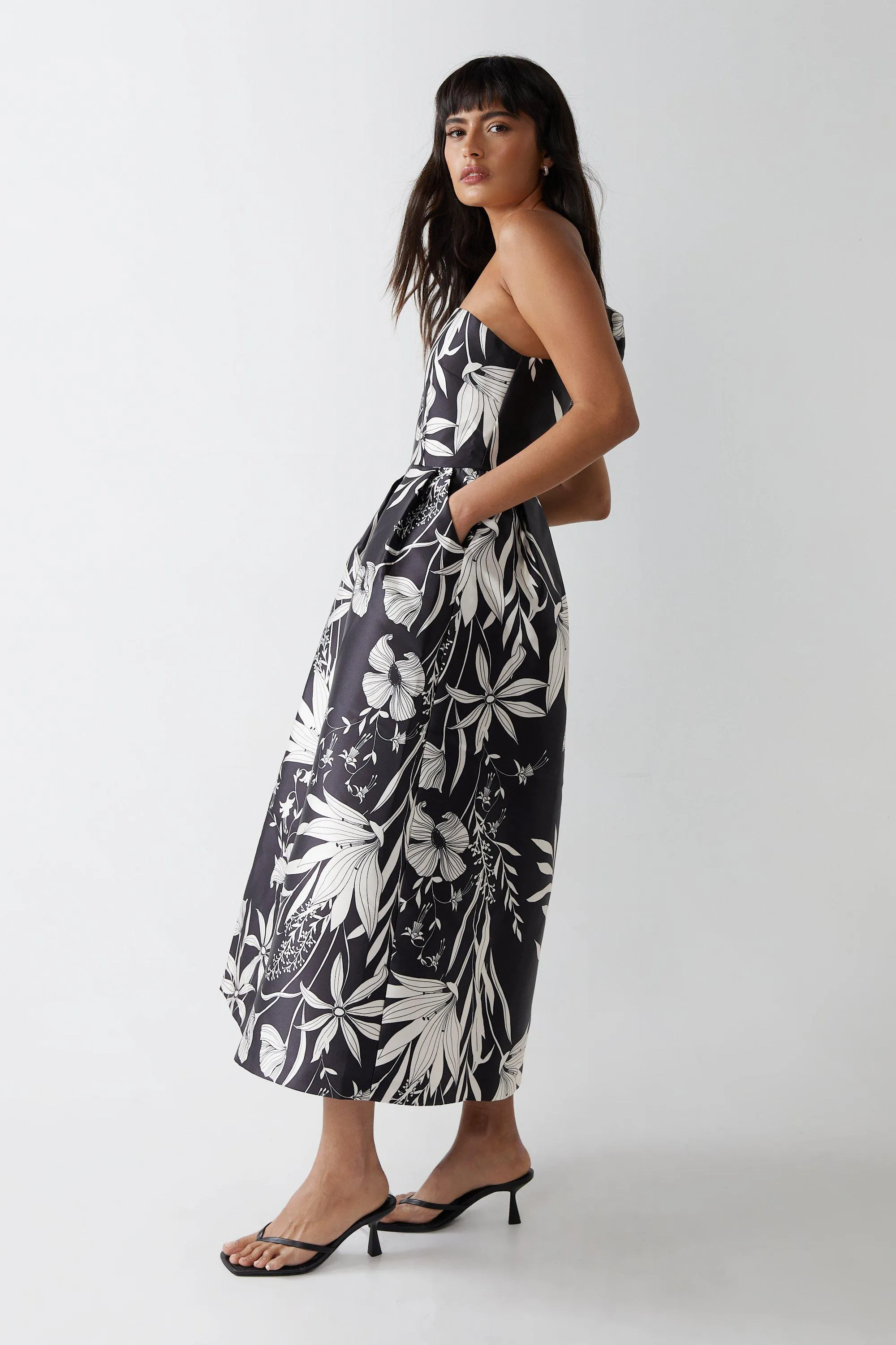 Dresses | Satin Twill Printed Puff Sleeve Midi Dress | Warehouse