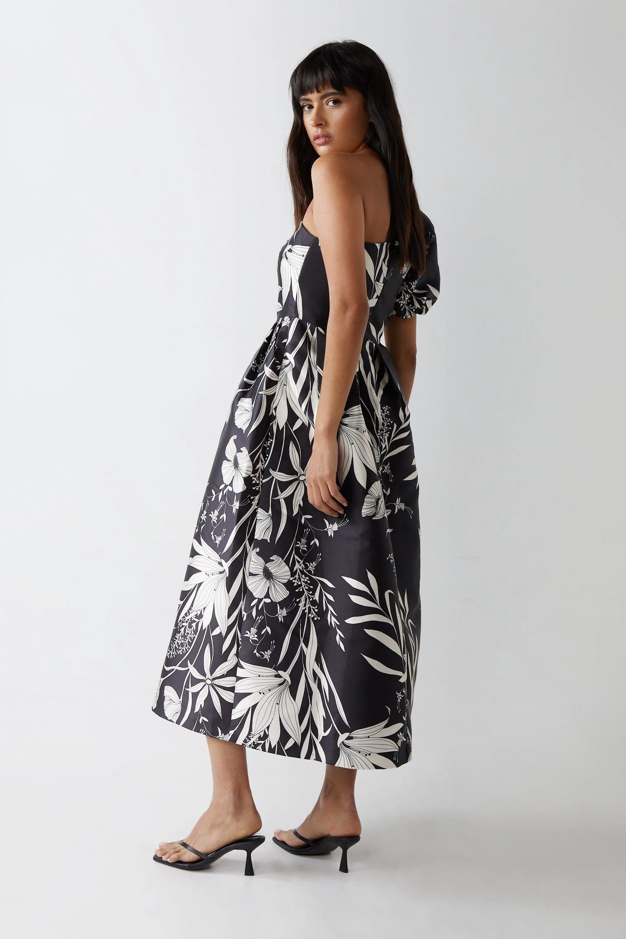 Dresses | Satin Twill Printed Puff Sleeve Midi Dress | Warehouse