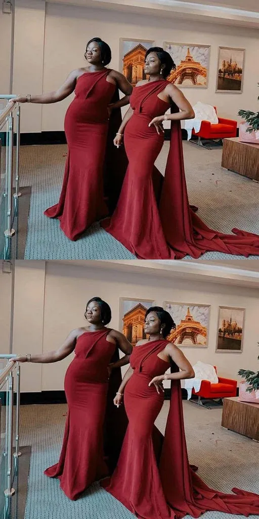 Elegant Mermaid One Shoulder Jersey Burgundy Long Bridesmaid Dresses Online, BG707