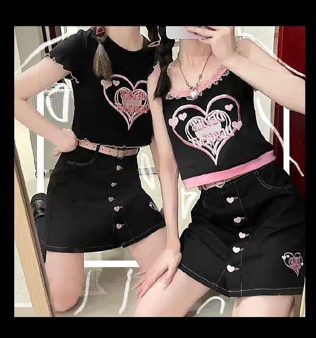 embroidery Kuma demon camisole/ crop t-shirt / skirt /long sleeve