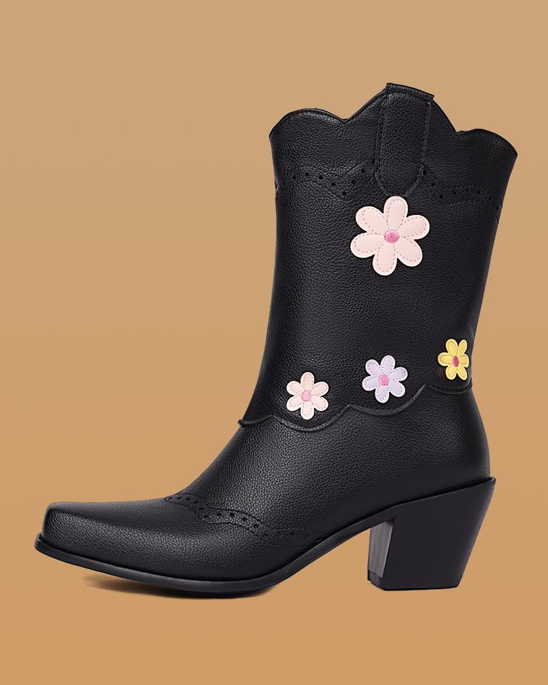 Floral Color-Blocking Ankle Boots