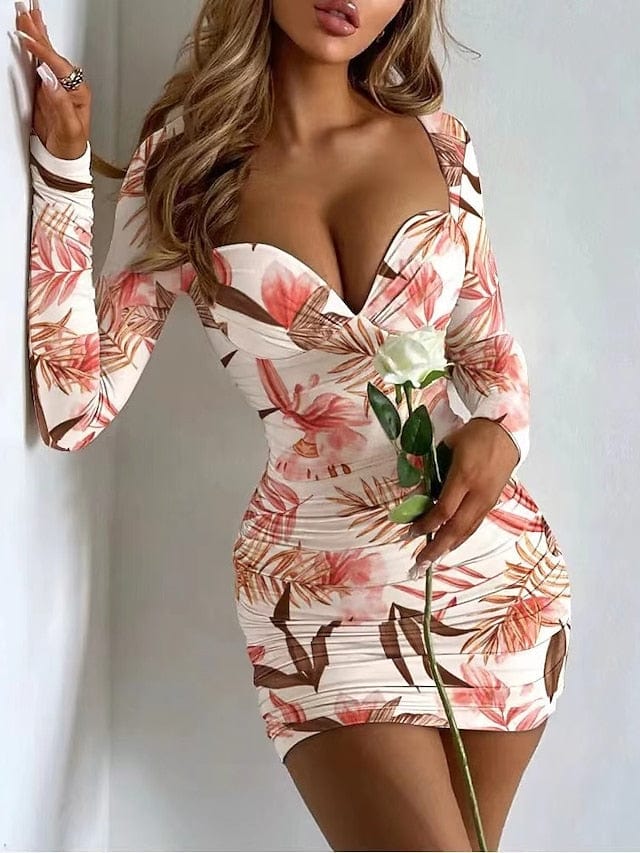 Floral Tie Dye Deep V Bodycon Sheath Dress with Long Sleeves for Women