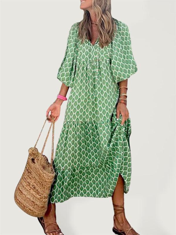 Geometric Puff-Sleeve Maxi Dress