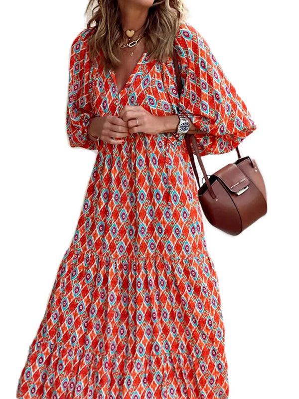 Geometric Puff-Sleeve Maxi Dress