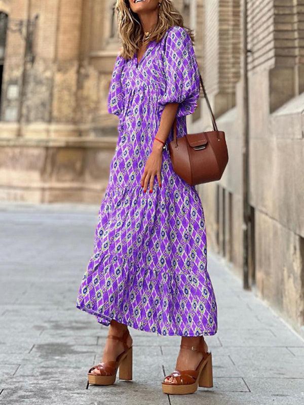 Geometric Puff-Sleeve Maxi Dress