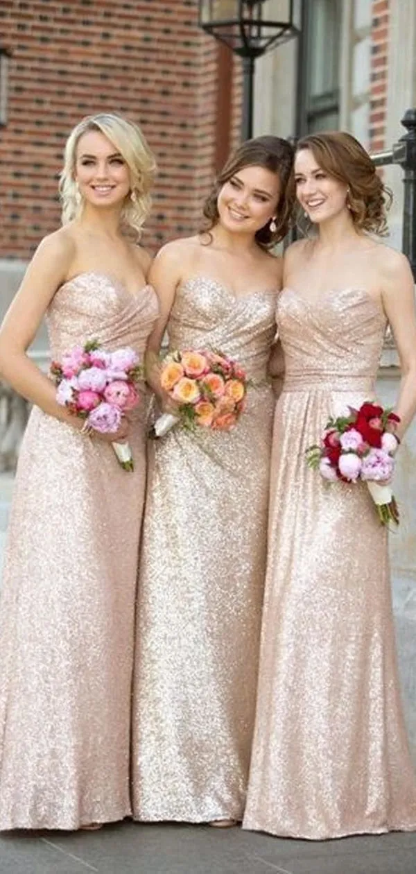 Gorgeous Sequin Elegant Sweetheart Strapless Long Bridesmaid Dresses for Wedding Party, WG159